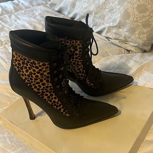 Brand new never worn lace up leopard trim stiletto heels  SHOW STOPPER !!